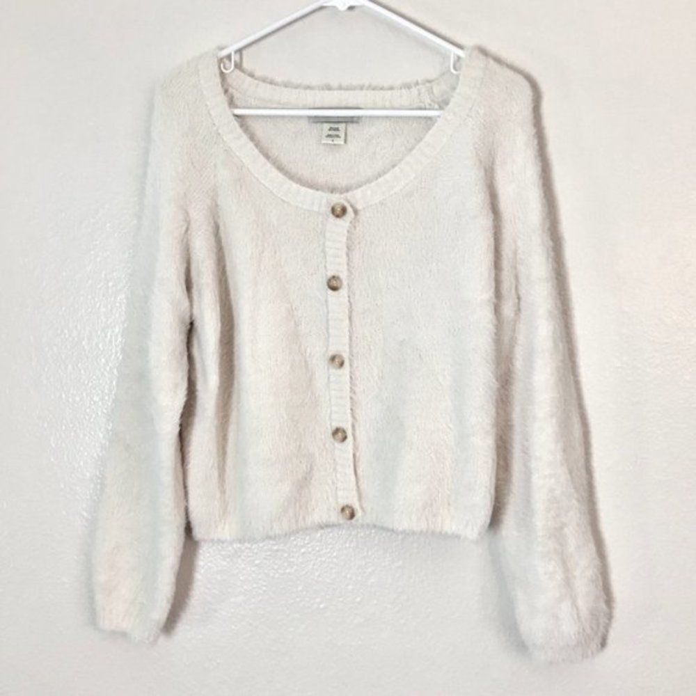 Cotton Emporium Ivory Button Up Eyelash Crop Cozy Sweater Super Soft Size L